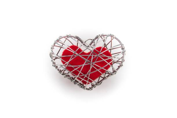 istock red fabric heart in knitted wire cage on white background 638964924