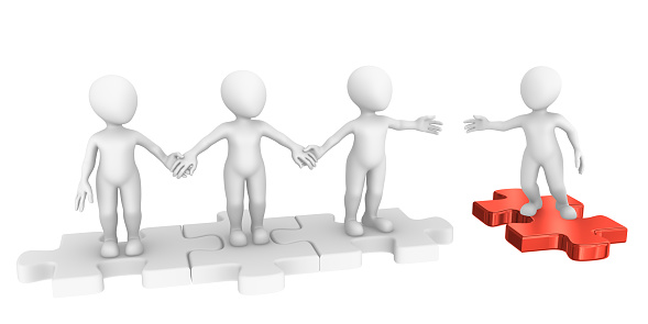 3d business people standing on the puzzle and make a handshake. 3d image. White background.
