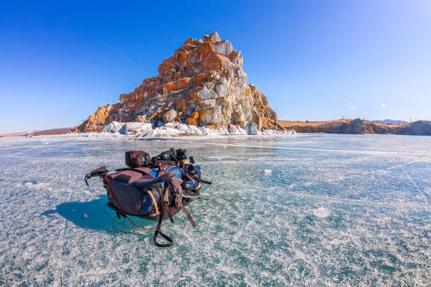 istock Ice sledge, ski poles and backpack before Shaman Rock 638965138
