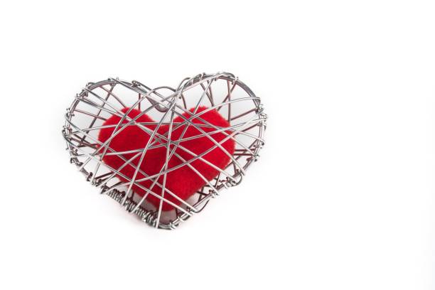 istock red fabric heart in knitted wire cage on white background 638965350