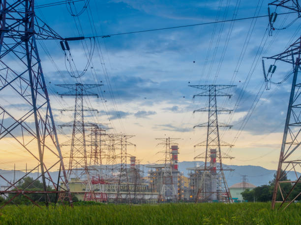 istock wilight photo of High voltage post or High voltage tower 638969746