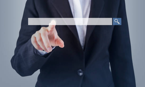istock Business woman hand touching blank search bar 638977994