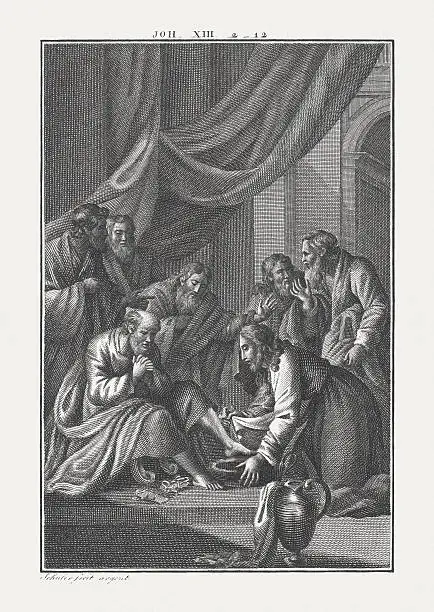 Jesus Washes His Disciples’ Feet (John 13). Copper engraving by Carl Schuler, published c. 1850.