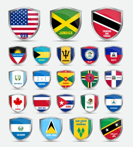 Vector illustration of shields  with flags  of the countries of North