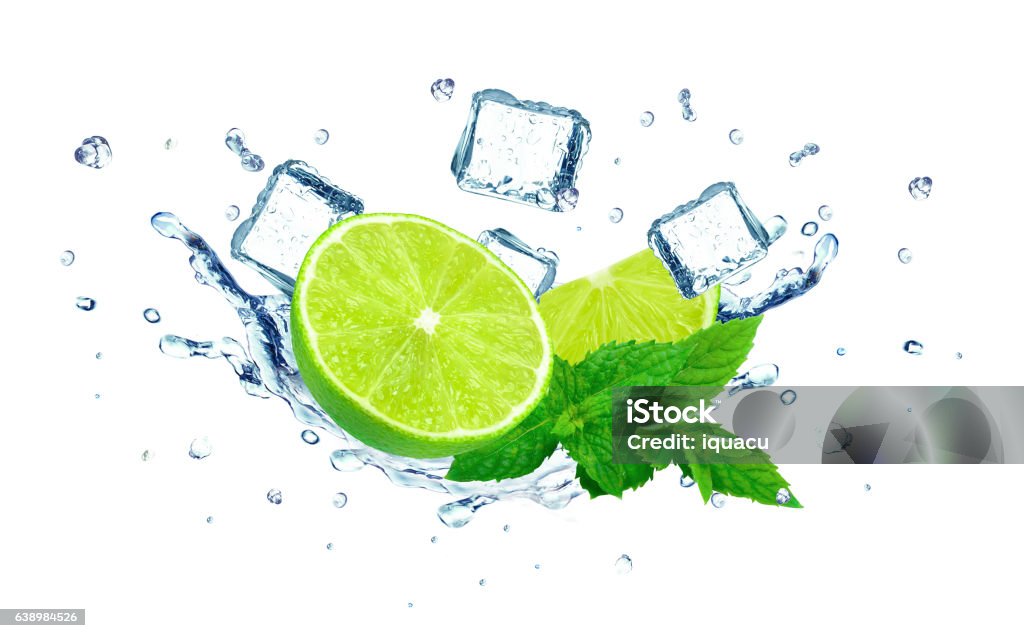 lime splash Lime splashing water and ice cubes isolated on white Citrus Fruit Stock Photo