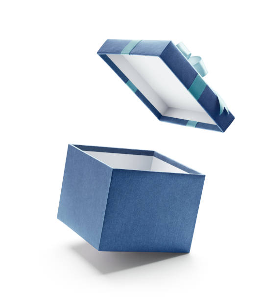 boîte-cadeau ouverte bleue isolée sur blanc - gift blue gift box box photos et images de collection