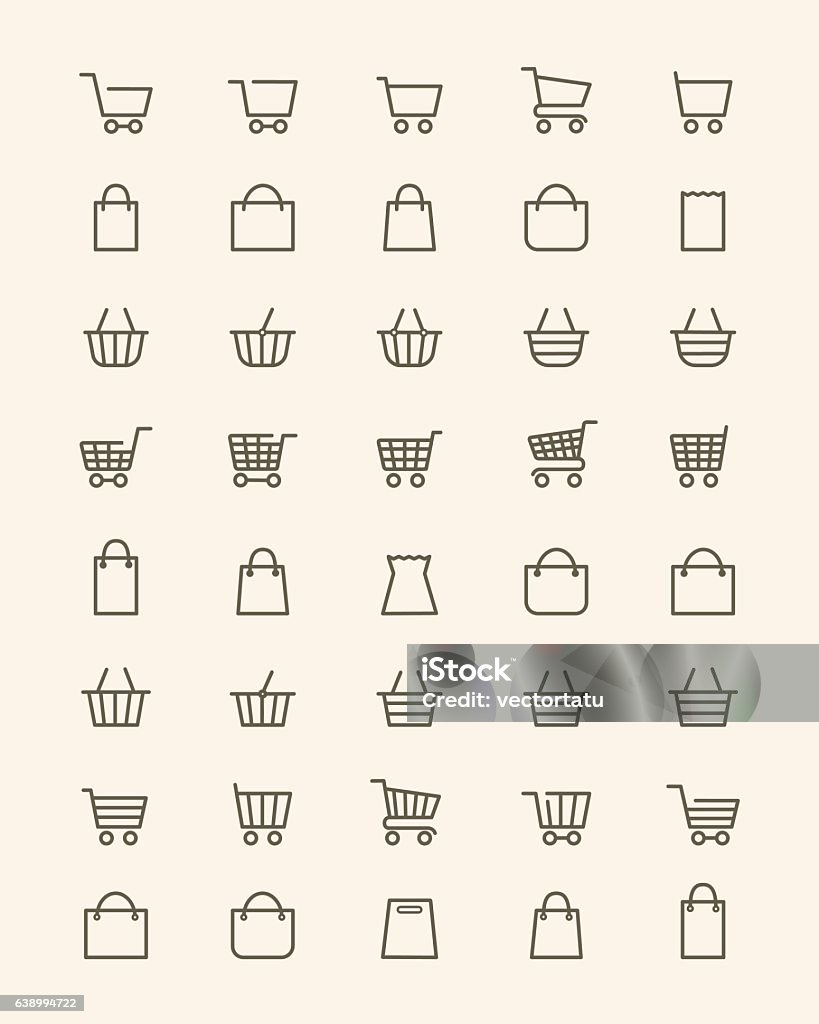 Linear shopping basket icons Vector linear shopping basket or line store bag icons for shop and grocery web UI Icon Symbol stock vector