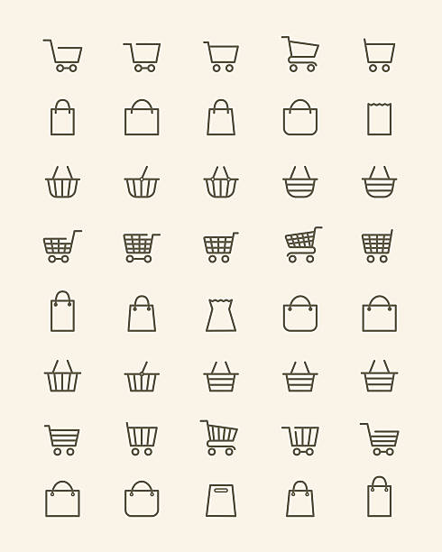 Linear shopping basket icons Vector linear shopping basket or line store bag icons for shop and grocery web UI basket stock illustrations