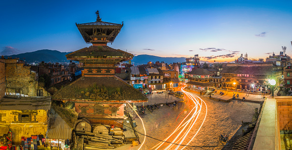 Stars shining above the ancient towers of Taumadhi Square in Bhaktapur, the UNESCO World Heritage Site in Kathmandu, Nepal's vibrant capital city.