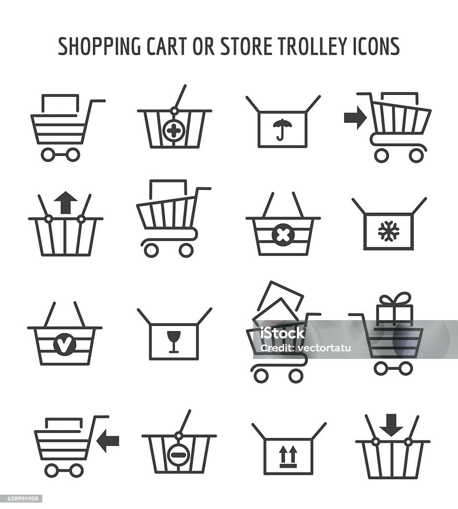 Shopping cart icons for web e-commerce Shopping cart or store trolley icons for web e-commerce. Outline shop carts signs empty and full, add and clear. Vector illustration Shopping Cart stock vector