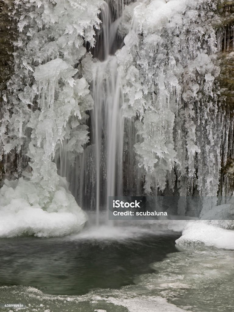 Icy waterfall close, Icy waterfall up close Outdoor close up photography of an icy water fall. Blurred Motion Stock Photo