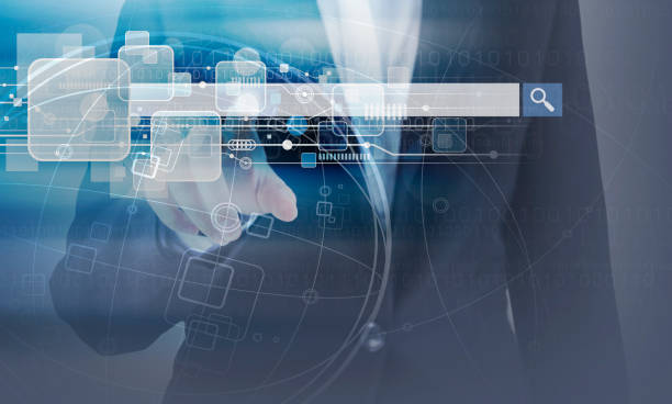 istock Business woman hand touching blank search bar and technology design 638998670