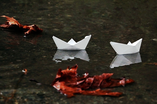 Two paper boats in a puddle on asphalt in autumn with dried leaves around them