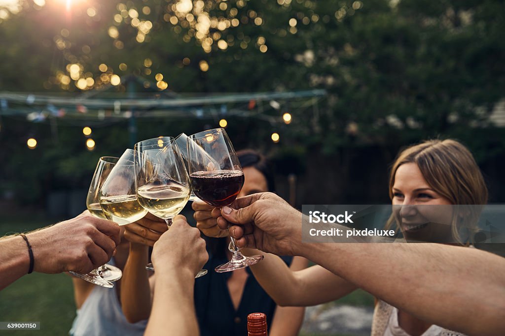 Wine a little, it'll make you feel better Shot of a group of friends making a toast over dinner Celebratory Toast Stock Photo