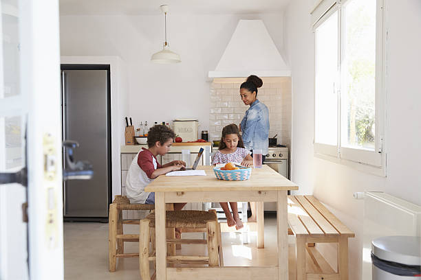 istock Brother and sister doing homework in kitchen while mum cooks 639001392
