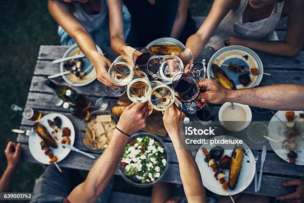 Food And Wine Brings People Together Stock Photo - Download Image Now - Wine, Barbecue - Meal, Barbecue - Social Gathering
