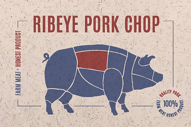 돼지고기 스테이크 고기 컷 라벨 - pork chop illustrations stock illustrations