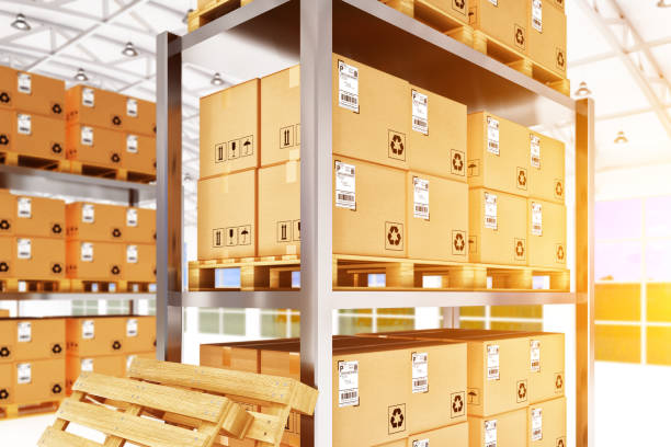 istock Warehouse logistics, packages shipment, freight transportation and delivery concept 639003534
