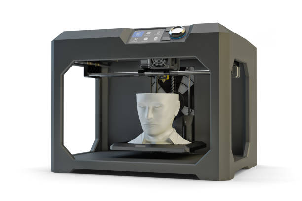 Modern engineering, prototyping, creating objects and printing technology concept Black plastic 3d printer machine making human head, isolated on white 3d printing lab stock pictures, royalty-free photos & images