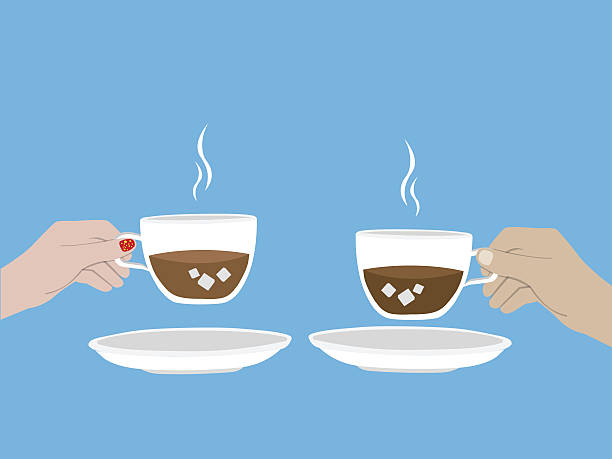 ilustrações de stock, clip art, desenhos animados e ícones de two cups of coffee with man hand with woman hand - comida torrada ilustrações