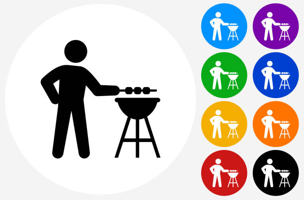 BBQ Icon on Flat Color Circle Buttons BBQ Icon on Flat Color Circle Buttons. This 100% royalty free vector illustration features the main icon pictured in black inside a white circle. The alternative color options in blue, green, yellow, red, purple, indigo, orange and black are on the right of the icon and are arranged in two vertical columns. man grilling white background stock illustrations