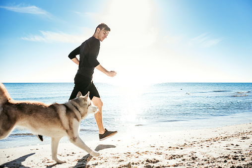 Male runner jogging with siberian husky dog during the sunrise on beach