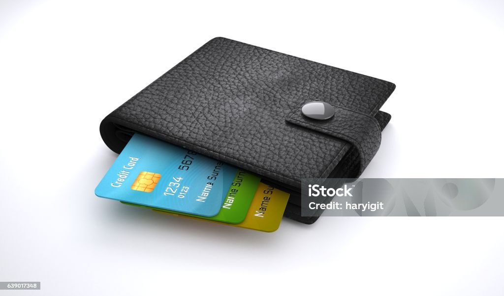 Credit cards in leather wallet on white background. Wallet full of colorful credit cards. Wallet Stock Photo