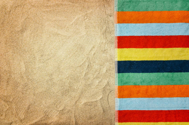 istock Top view sandy beach and towel. Background with copy space 639017366
