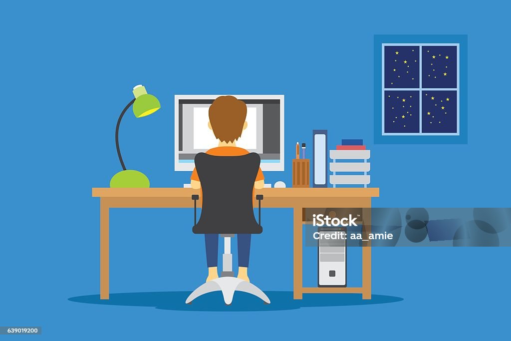 Computer Night Working Drawing Overtime Work At Night Man In The Front Of Computer Stock Illustration ...