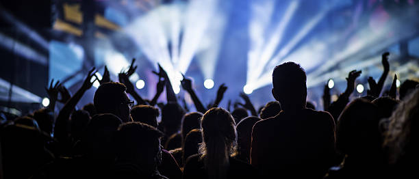 personas en un concierto con las manos levantadas - party dj nightclub party nightlife fotografías e imágenes de stock