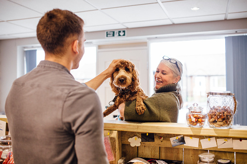 Woman is holding her dog at the reception counter of the grooming salon. She is booking her dog in to be groomed. There is a man working on reception and he is stroking the dog.