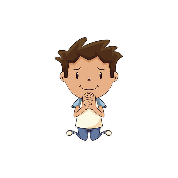 Child begging Child begging, cute kid, pleading, implore, pray, please, petition, sorry, gesture, kneel, cartoon character, male, vector illustration, isolated, white background petition stock illustrations