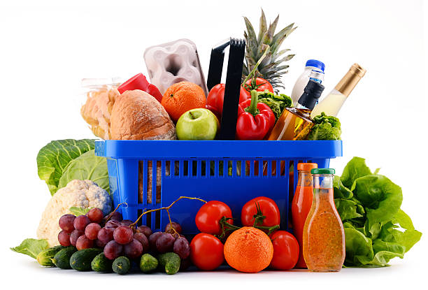 istock Plastic shopping basket with assorted grocery products 639030488