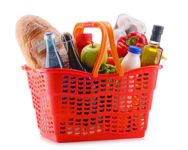 istock Plastic shopping basket with assorted grocery products 639030606