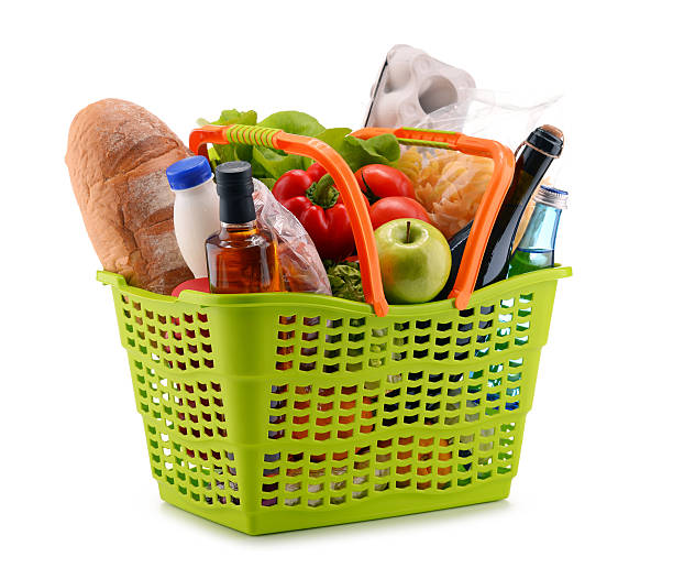 istock Plastic shopping basket with assorted grocery products 639030632