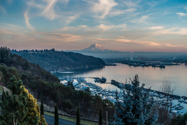 Port At Sunset 7 A view of the Port of Tacoma and Mount Rainier at sunset. tacoma photos stock pictures, royalty-free photos & images