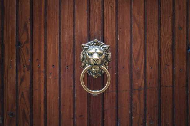 istock Lion Head Door Knocker on Wooden Background 639033236