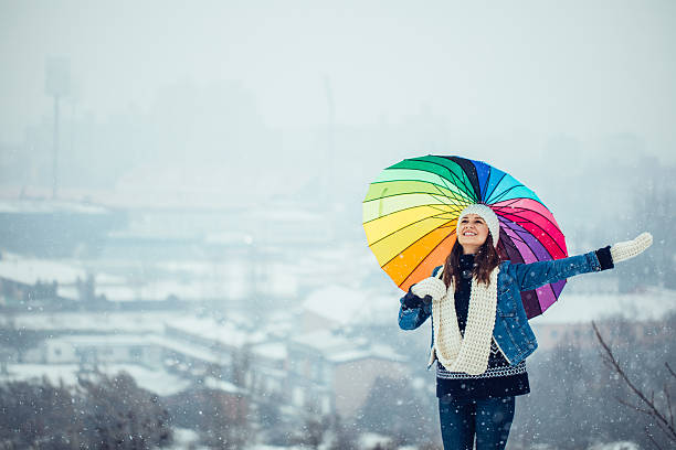 Woman with rainbow colored umbrella enjoying out in the snow covered city.