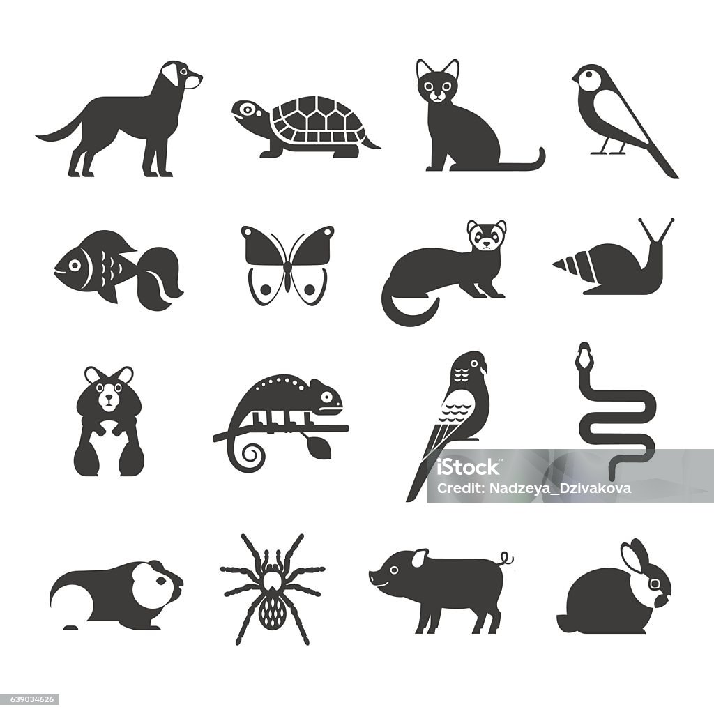 Pets icons set. Vector collection of modern black icons of domestic mammals, rodents, insects, birds and reptiles, including dog, cat, rabbit, ferret, parrot, snake, chameleon, hamster and tarantula. Domestic Cat stock vector