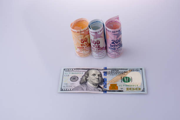 istock American dollar banknotes and Turksh Lira banknotes side by side 639042474
