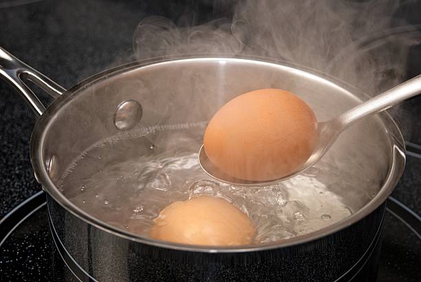 Boiling breakfast eggs in a steaming pot of water. stock photo