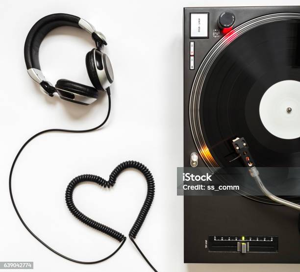 Vinyl Player With Headphones And Cord Shaped Of Heart Stock Photo - Download Image Now