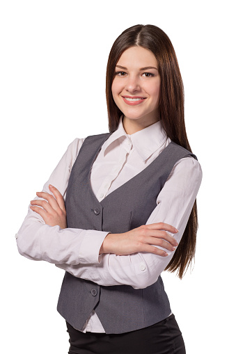 Young pretty businesswoman with arm folded isolated on white background