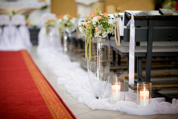 istock Beautiful church decorated for wedding ceremony 639047456