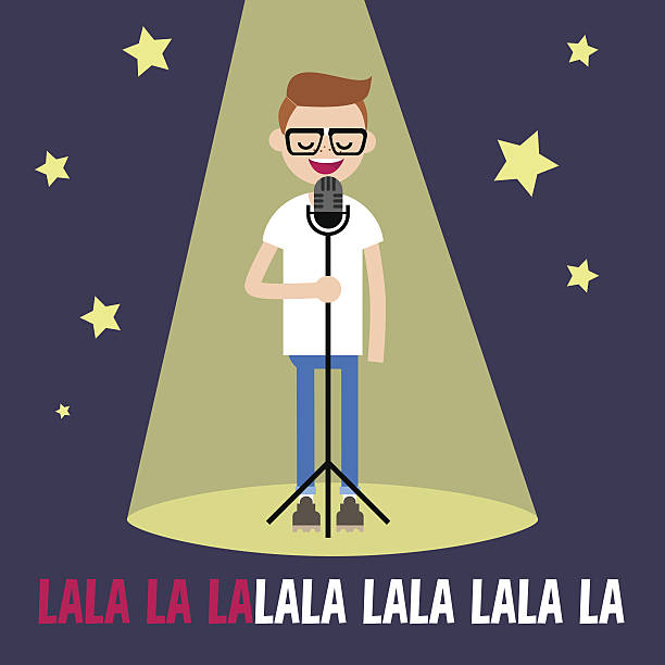 Young nerd singing karaoke on the stage flat editable vector illustration, clip art microphone stand stock illustrations