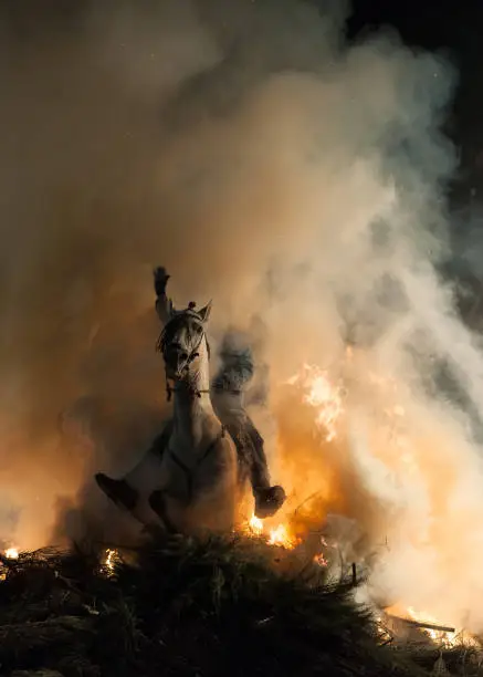 Photo of Horse with its rider rapidly breaking through the fire