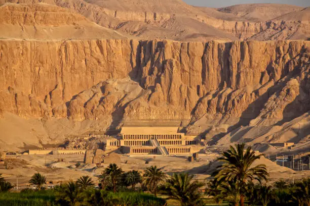 Sunrise in Western Thebes, the view of the Temple of Queen Hatshepsut (), Upper Egypt