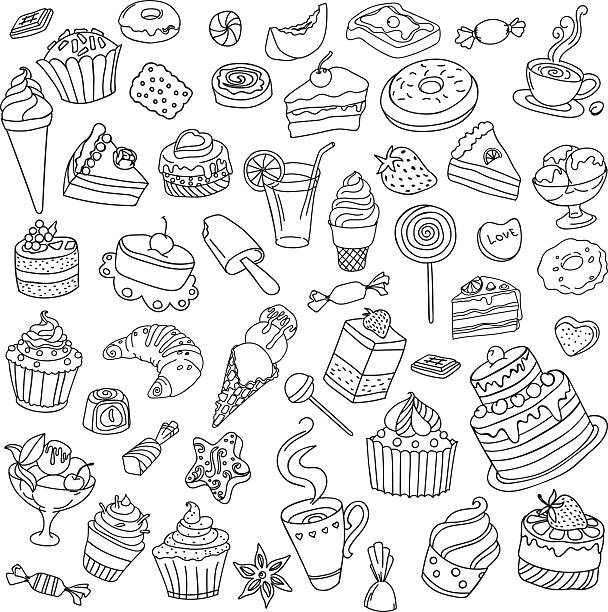 vektor-set von verschiedenen süßigkeiten - kuchen und süßwaren stock-grafiken, -clipart, -cartoons und -symbole