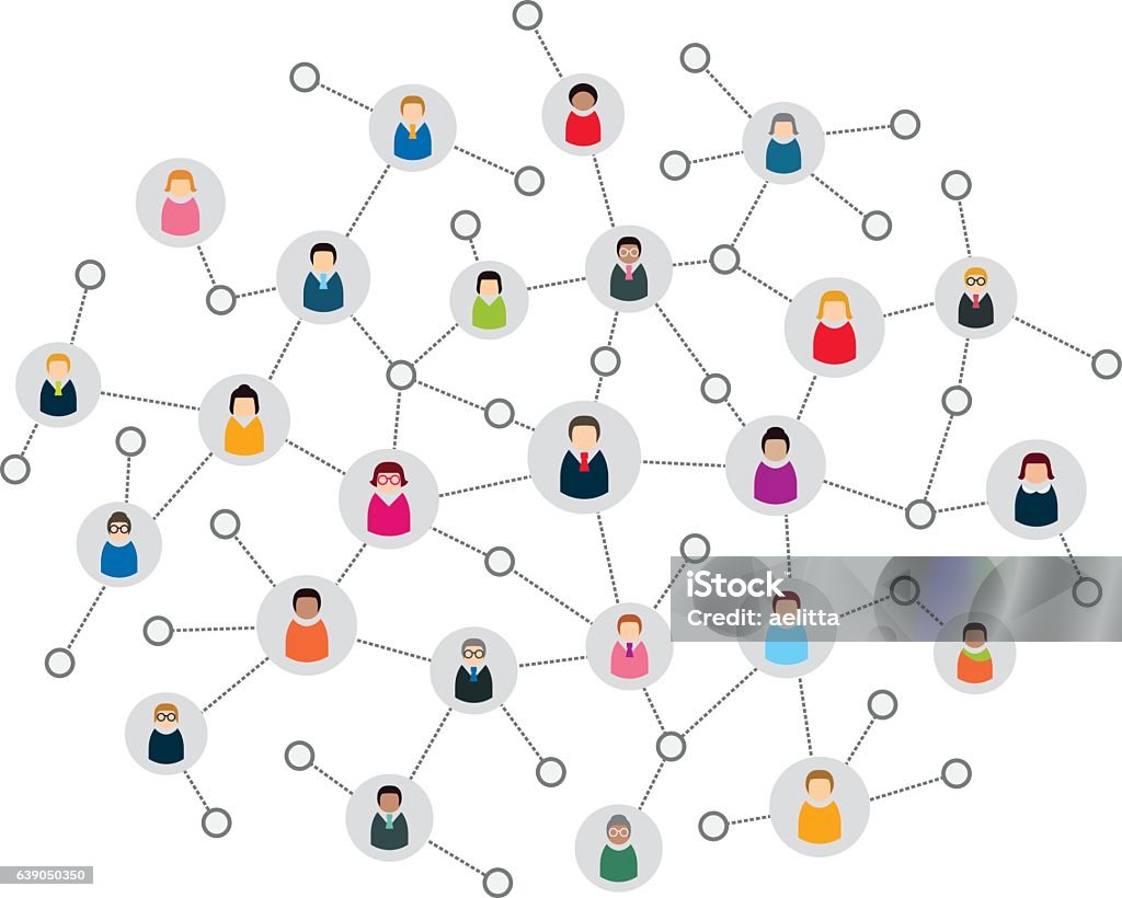 Social network scheme, which contains people connected to each other. Multicolored vector illustration of social network. Multiracial Group stock vector