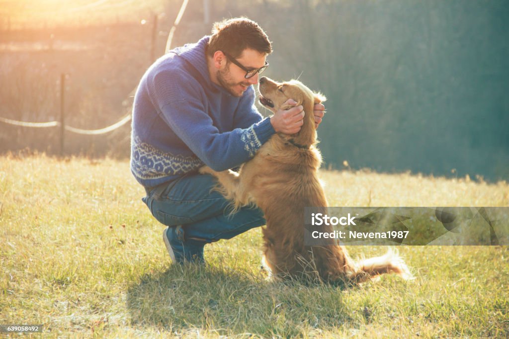 Homme et son chien Or Retriever, nature - Photo de Chien libre de droits